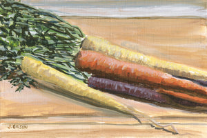 "Rainbow Carrots"  Framed 4" x 6" Acrylic on Paper